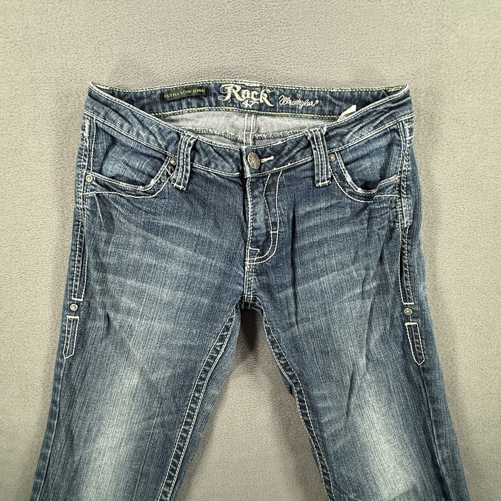 Wrangler Rock 47 Womens Blue Denim‎ Ultra Low Rise Bootcut Jeans 3X34 Y2K - Picture 3 of 10